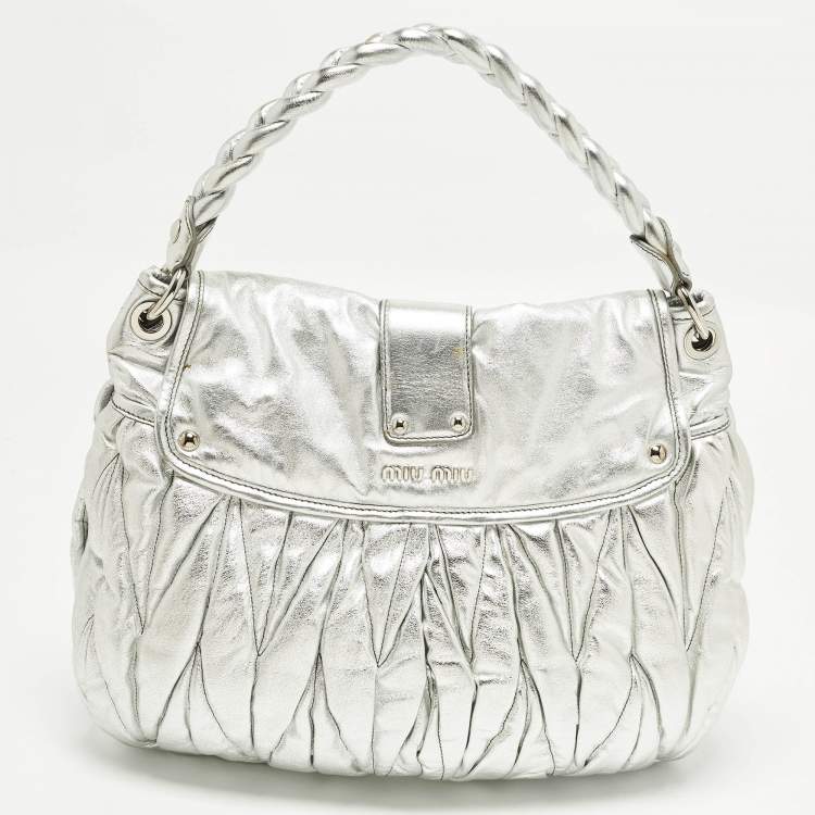 Pre Owned Miu Miu Coffer Silver Matelassé Leather Hobo
