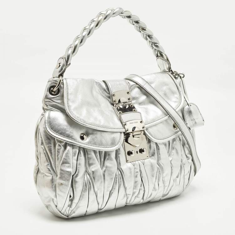 Pre Owned Miu Miu Coffer Silver Matelassé Leather Hobo