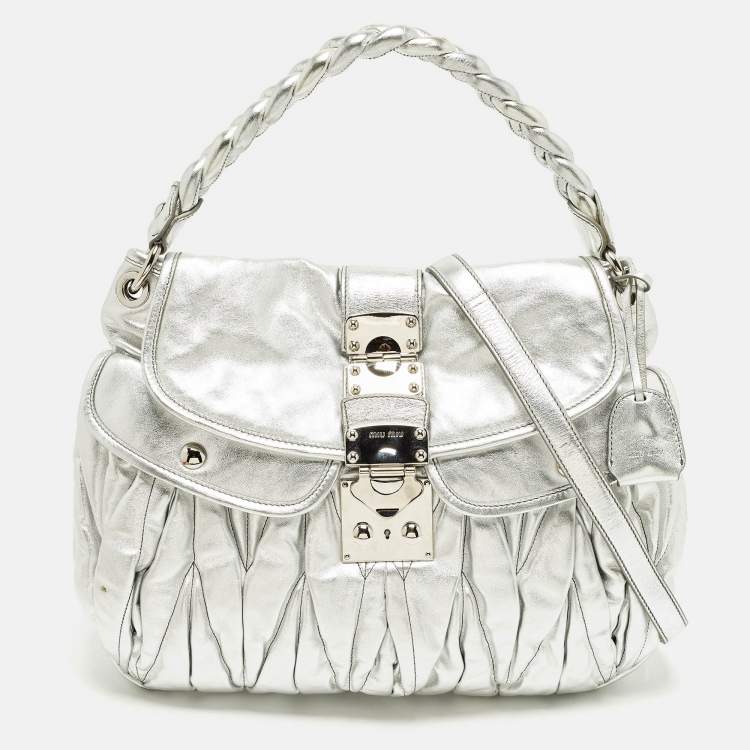 Pre Owned Miu Miu Coffer Silver Matelassé Leather Hobo
