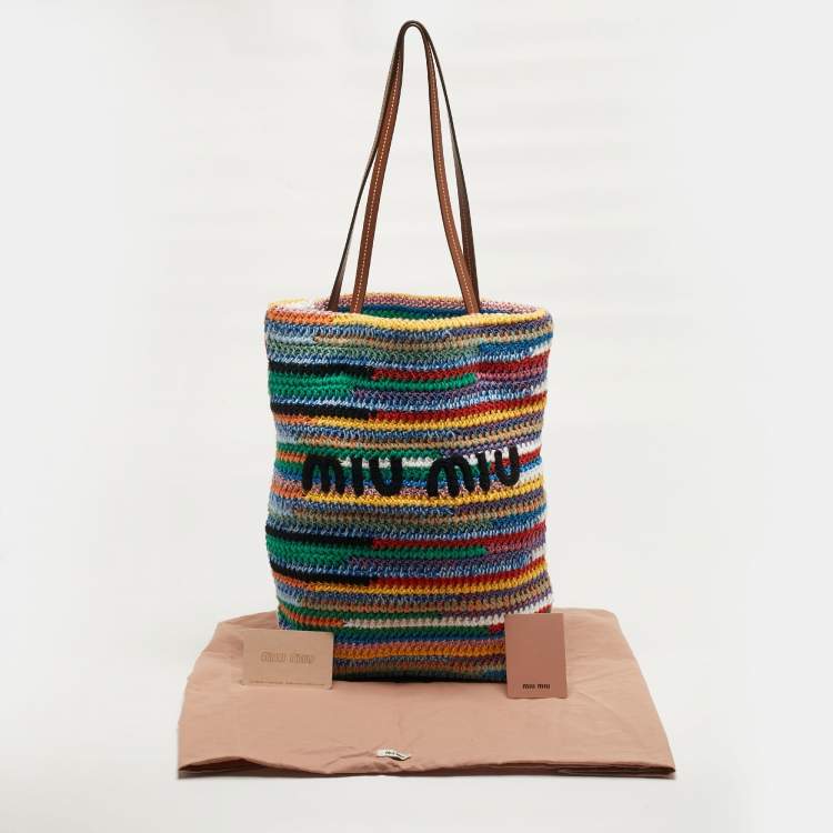 Pre Owned Miu Miu Logo Multicolor Crochet and Leather Tote