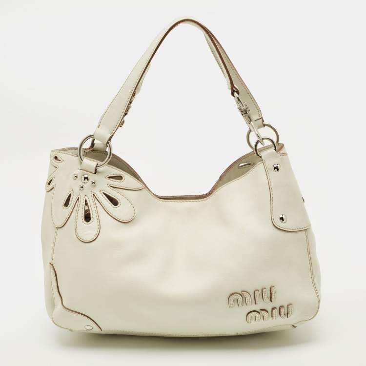 Pre Owned Miu Miu Floral Cut Off White Leather Hobo