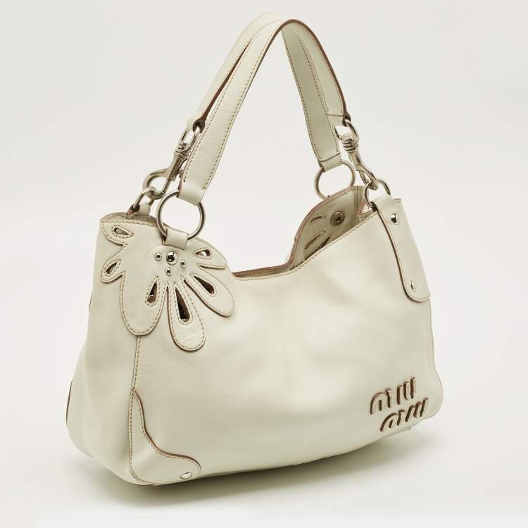 Pre Owned Miu Miu Floral Cut Off White Leather Hobo