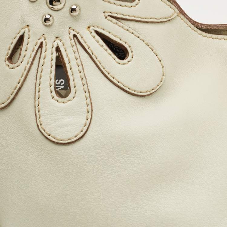 Pre Owned Miu Miu Floral Cut Off White Leather Hobo