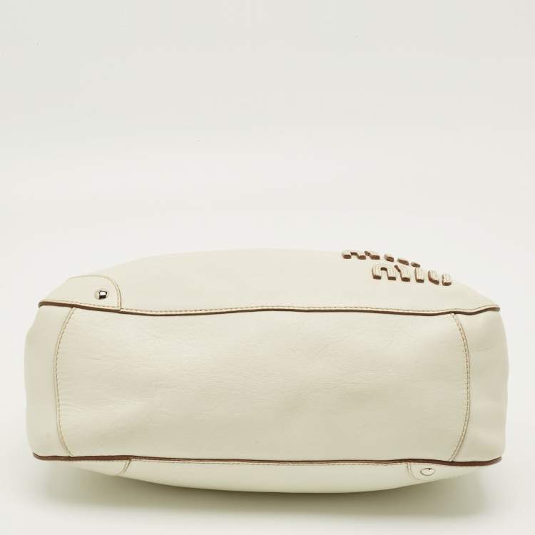 Pre Owned Miu Miu Floral Cut Off White Leather Hobo