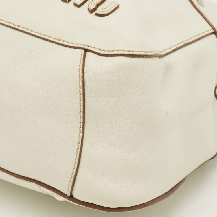 Pre Owned Miu Miu Floral Cut Off White Leather Hobo