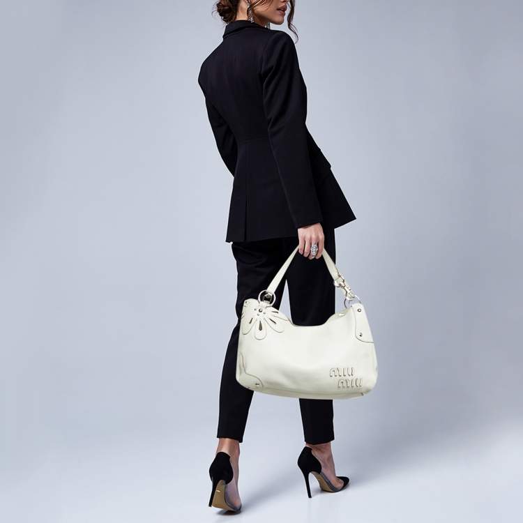 Pre Owned Miu Miu Floral Cut Off White Leather Hobo