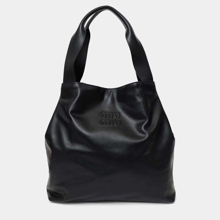 Pre Owned Miu Miu Black Leather Embossed-Logo Tote Bag