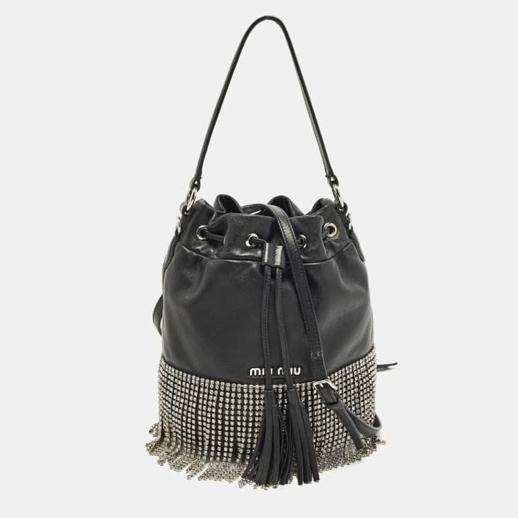 Pre Owned Miu Miu Crystal Fringe Black Leather Drawstring Bucket Bag
