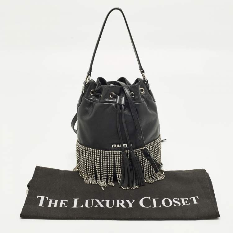 Pre Owned Miu Miu Crystal Fringe Black Leather Drawstring Bucket Bag