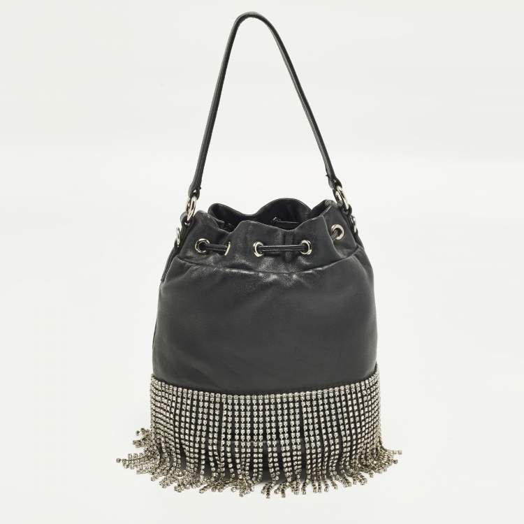 Pre Owned Miu Miu Crystal Fringe Black Leather Drawstring Bucket Bag