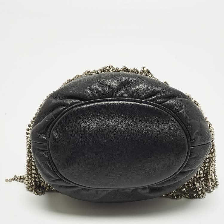 Pre Owned Miu Miu Crystal Fringe Black Leather Drawstring Bucket Bag