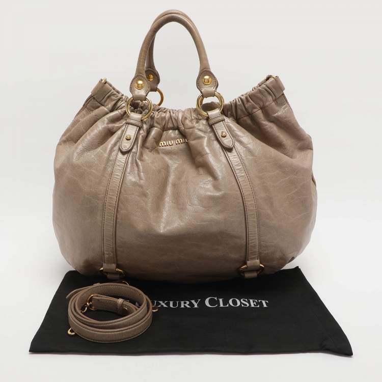 Pre Owned Miu Miu Gathered Beige Vitello Shine Leather Hobo