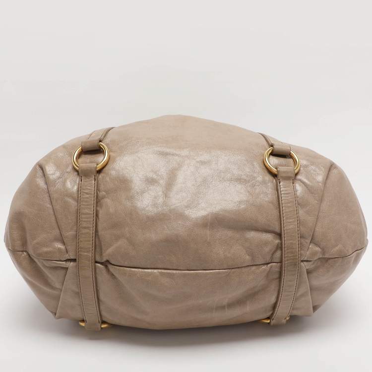 Pre Owned Miu Miu Gathered Beige Vitello Shine Leather Hobo
