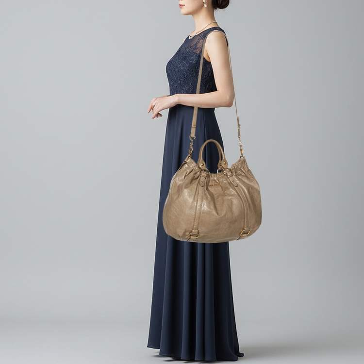 Pre Owned Miu Miu Gathered Beige Vitello Shine Leather Hobo