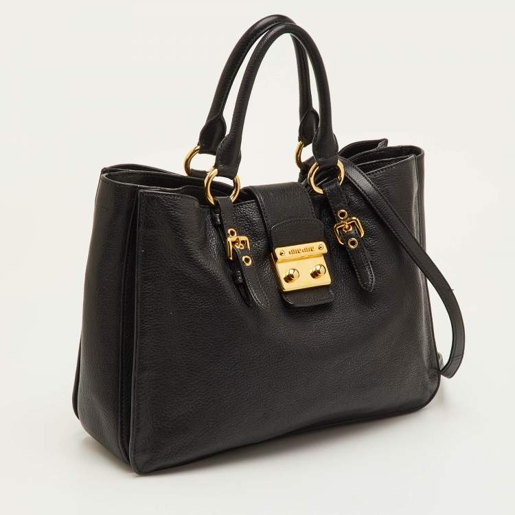 Pre Owned Miu Miu Pushlock Black Madras Leather Tote