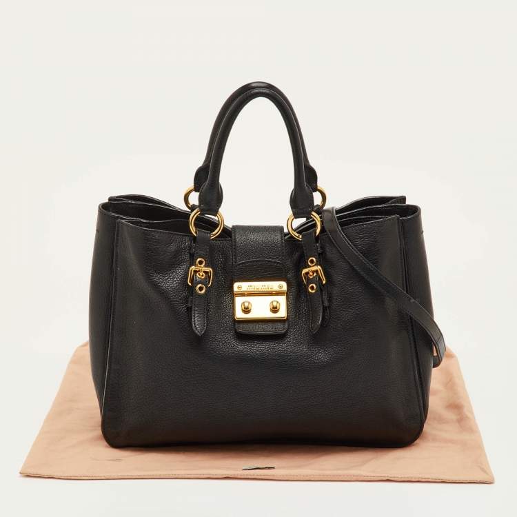 Pre Owned Miu Miu Pushlock Black Madras Leather Tote