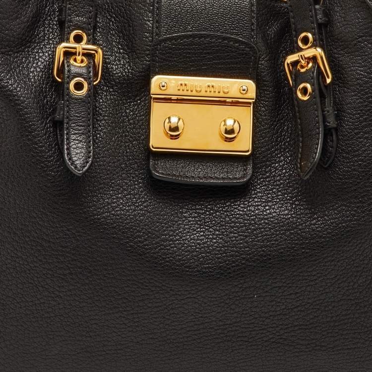 Pre Owned Miu Miu Pushlock Black Madras Leather Tote