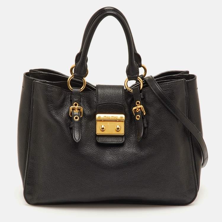 Pre Owned Miu Miu Pushlock Black Madras Leather Tote