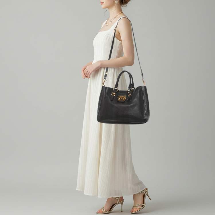 Pre Owned Miu Miu Pushlock Black Madras Leather Tote