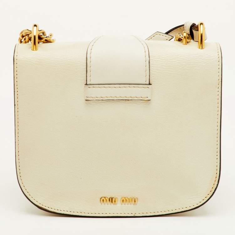 Pre Owned Miu Miu Pushlock Off White Madras Leather Crossbody Bag