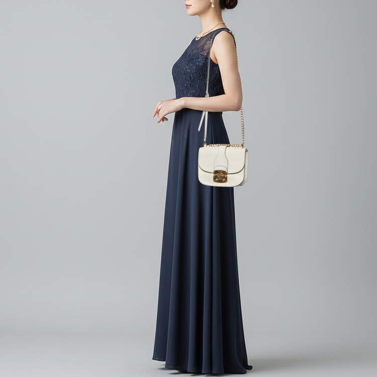 Pre Owned Miu Miu Pushlock Off White Madras Leather Crossbody Bag