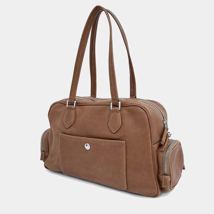 Pre Owned Miu Miu Brown Leather Napa Top Handle Pocket Bag