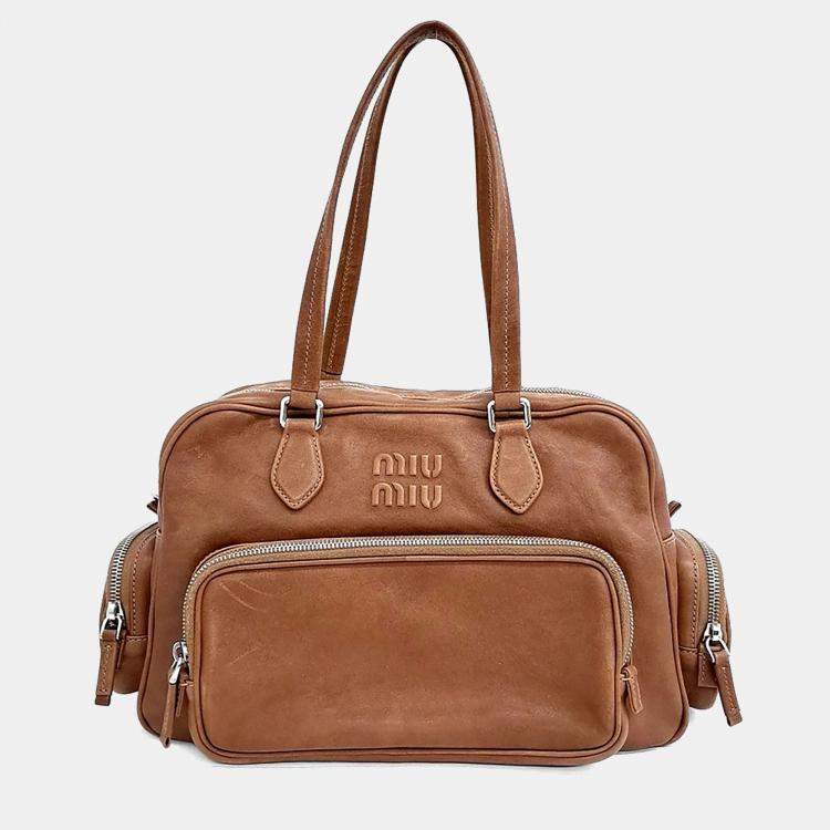 Pre Owned Miu Miu Brown Leather Napa Top Handle Pocket Bag
