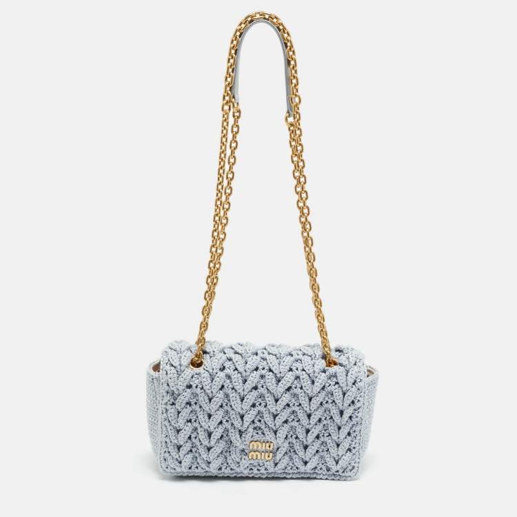 Pre Owned Miu Miu Logo Flap Light Blue Knit Fabric Chain Bag