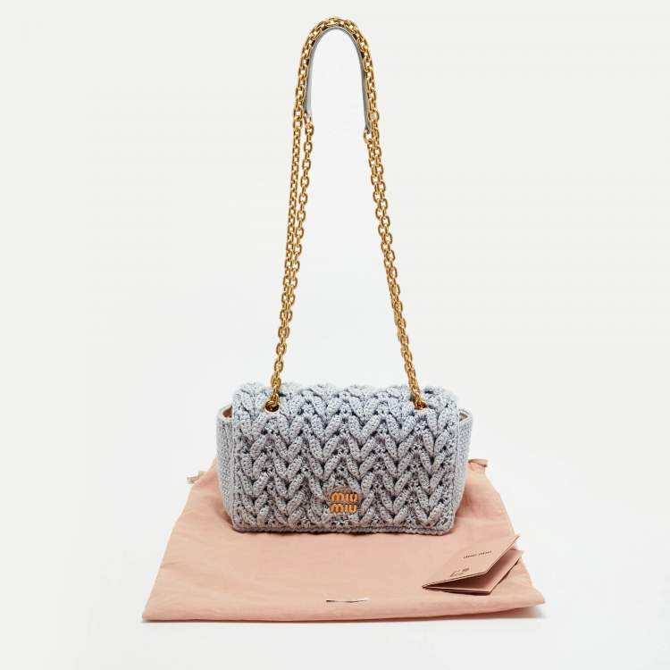 Pre Owned Miu Miu Logo Flap Light Blue Knit Fabric Chain Bag