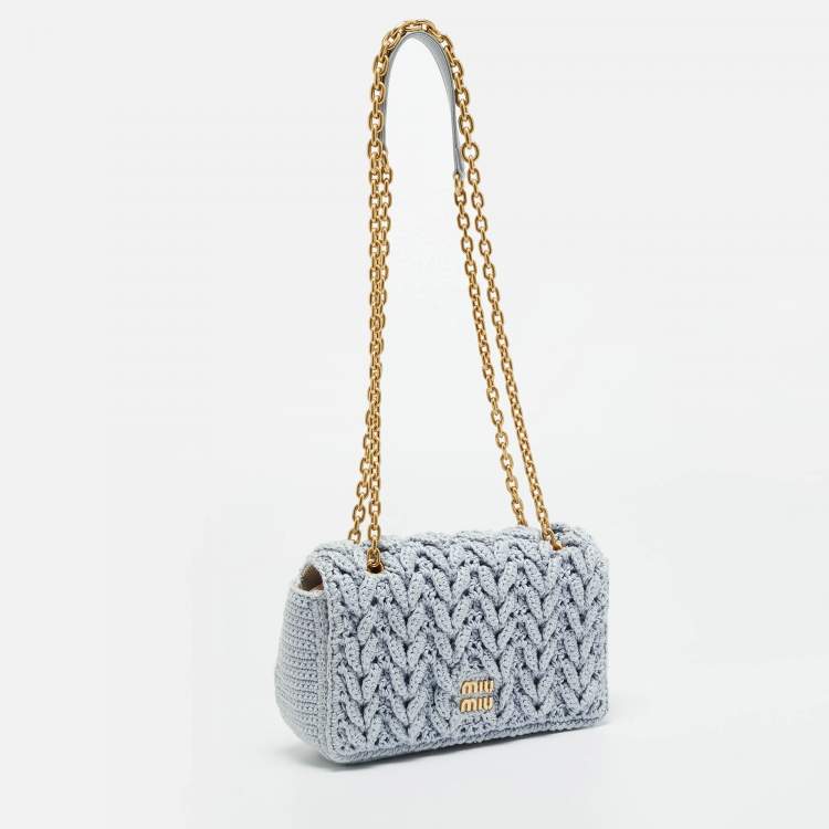 Pre Owned Miu Miu Logo Flap Light Blue Knit Fabric Chain Bag