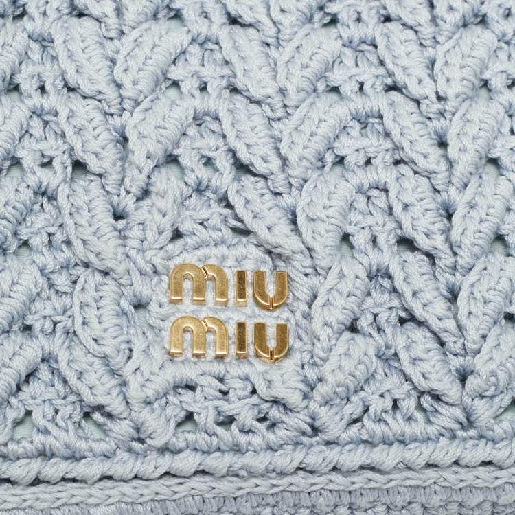 Pre Owned Miu Miu Logo Flap Light Blue Knit Fabric Chain Bag
