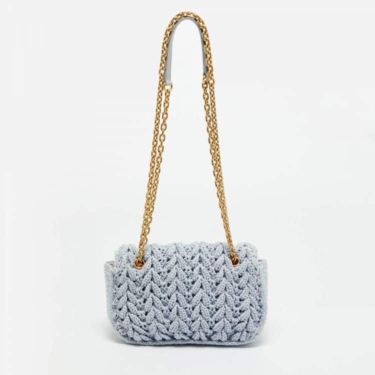 Pre Owned Miu Miu Logo Flap Light Blue Knit Fabric Chain Bag