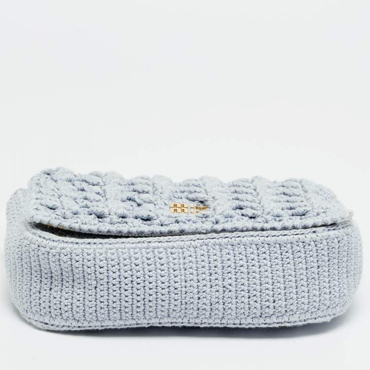 Pre Owned Miu Miu Logo Flap Light Blue Knit Fabric Chain Bag