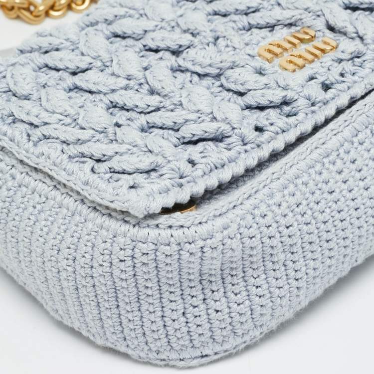 Pre Owned Miu Miu Logo Flap Light Blue Knit Fabric Chain Bag
