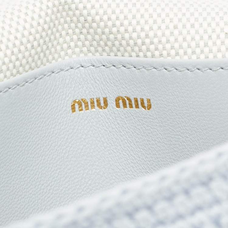 Pre Owned Miu Miu Logo Flap Light Blue Knit Fabric Chain Bag