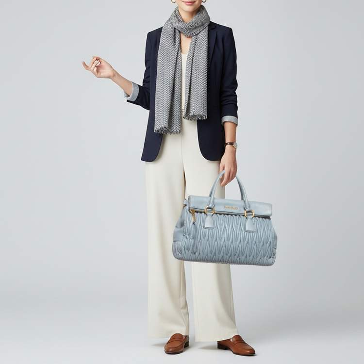 Pre Owned Miu Miu Light Blue Matalasse Leather Zip Satchel