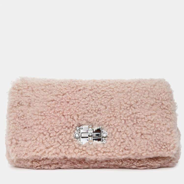 Pre Owned Miu Miu 2018 Pink Shearling Montone Crystal Shoulder Bag