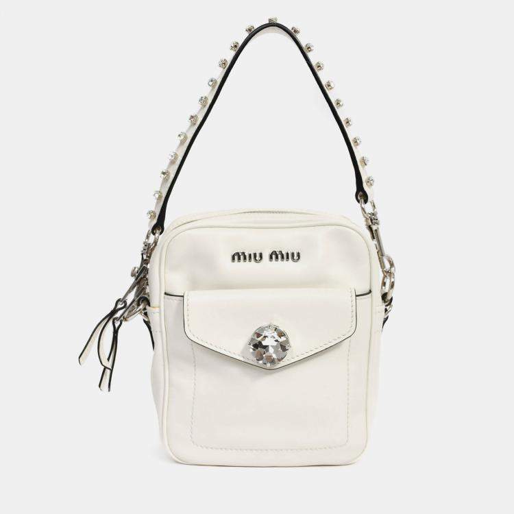مملوكة مسبقًا Miu Miu White Leather Crystal Embellished Top Handle