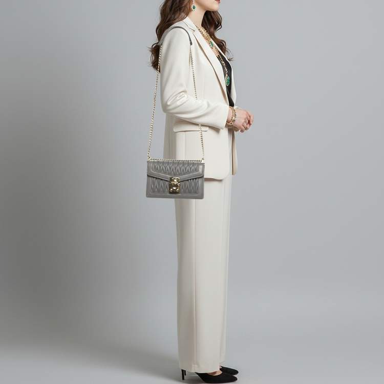 Pre Owned Miu Miu Confidential Grey Matelassé Leather Shoulder Bag