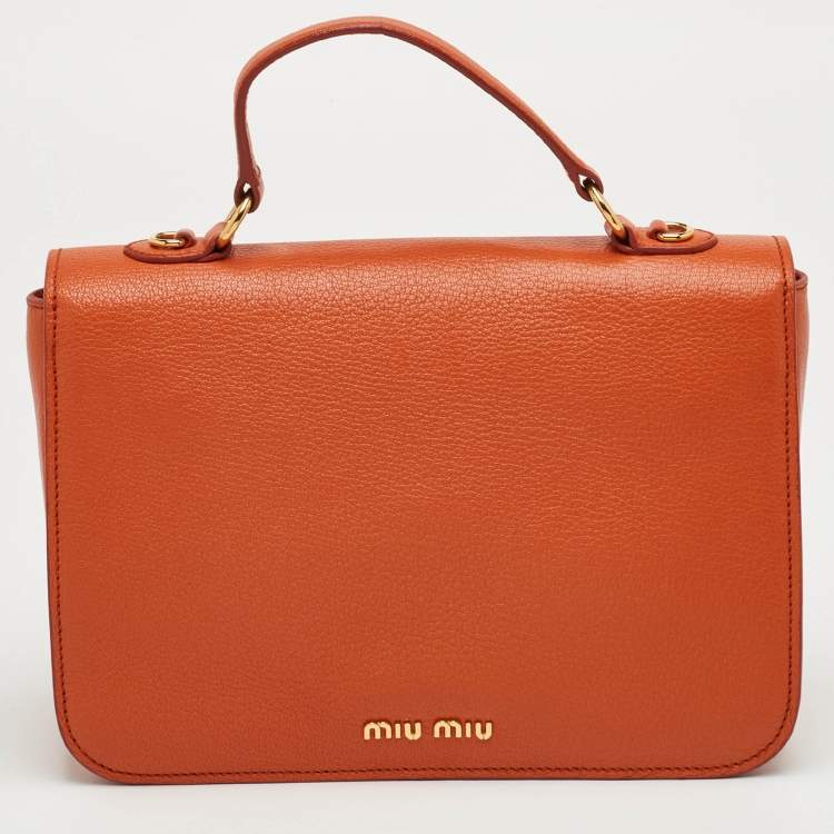 Pre Owned حقيبة ميو ميو جلد مادراس برتقالي بقفل ضاغط بقلاب بيد علوية
