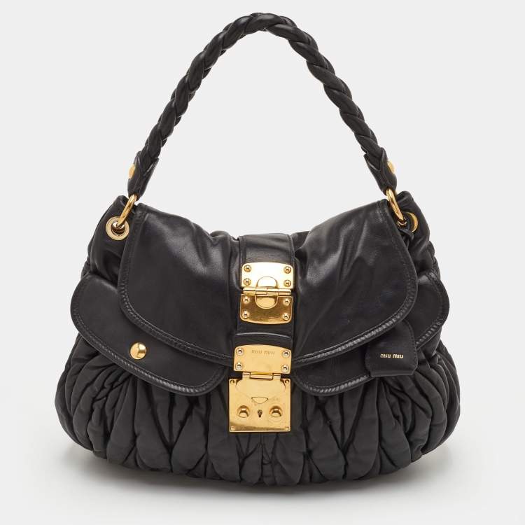 Pre Owned Miu Miu Coffer Black Matelasse Leather Hobo