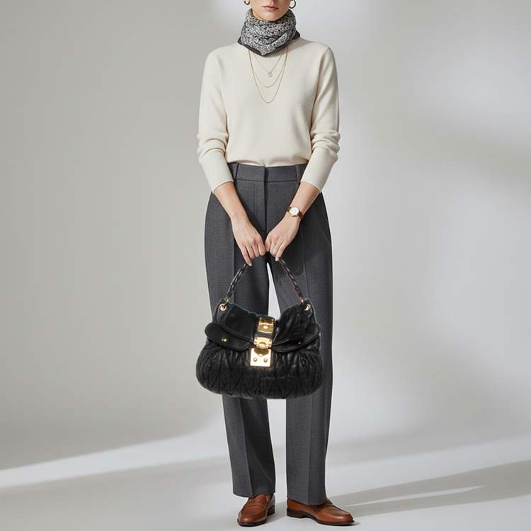 Pre Owned Miu Miu Coffer Black Matelasse Leather Hobo