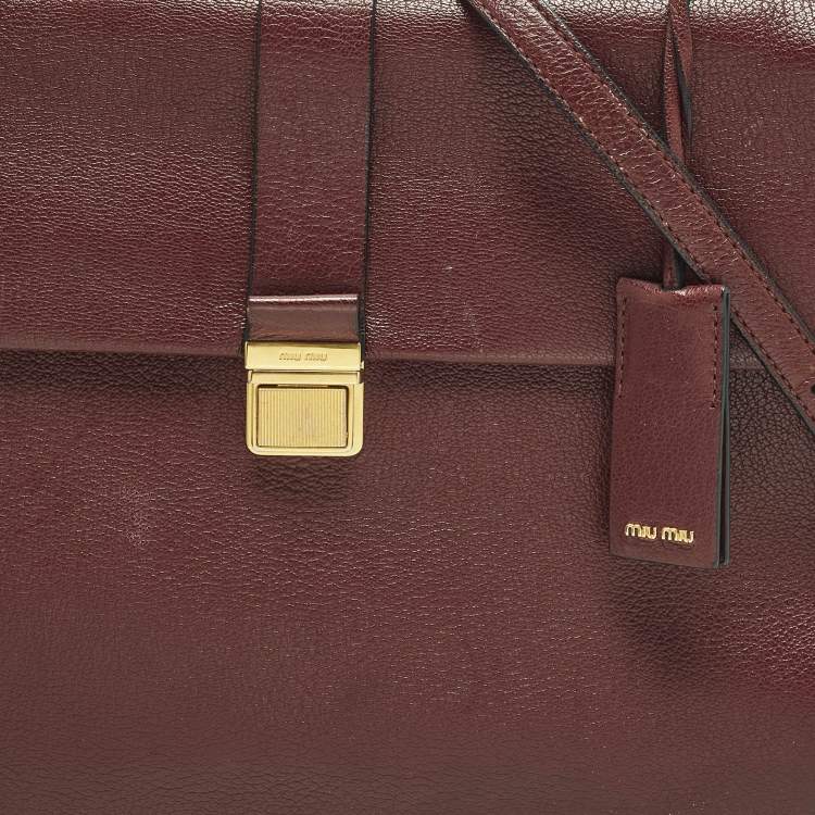 Pre Owned Miu Miu Pushlock Flap Burgundy Madras Leather Top Handle Bag