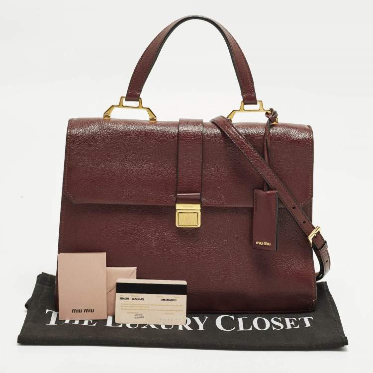 Pre Owned Miu Miu Pushlock Flap Burgundy Madras Leather Top Handle Bag