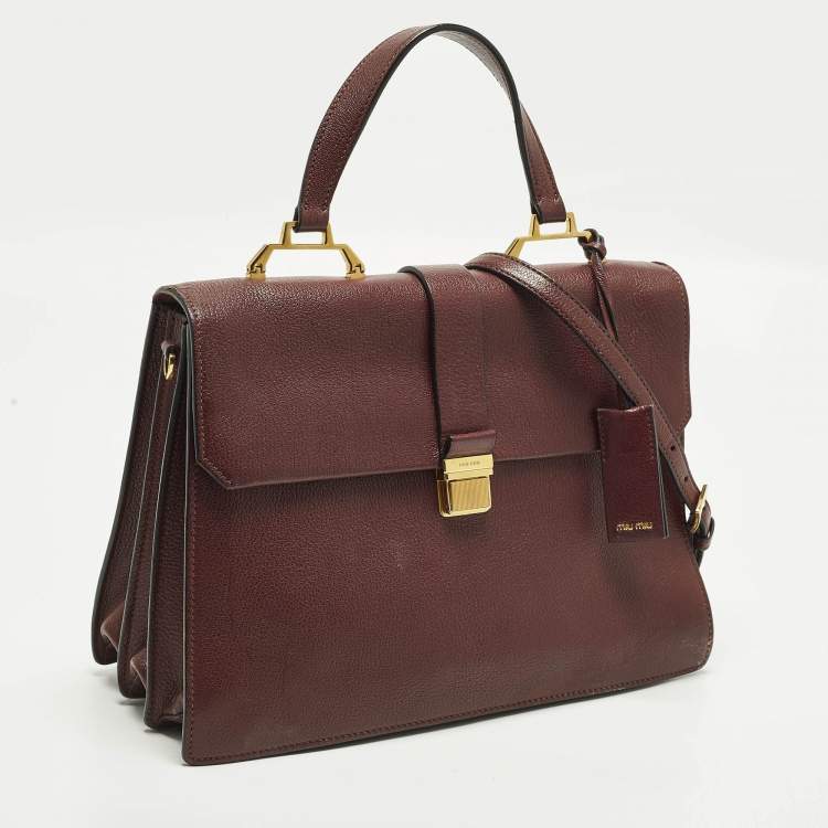 Pre Owned Miu Miu Pushlock Flap Burgundy Madras Leather Top Handle Bag