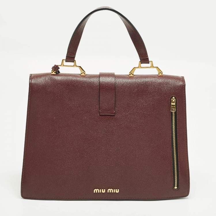 Pre Owned Miu Miu Pushlock Flap Burgundy Madras Leather Top Handle Bag