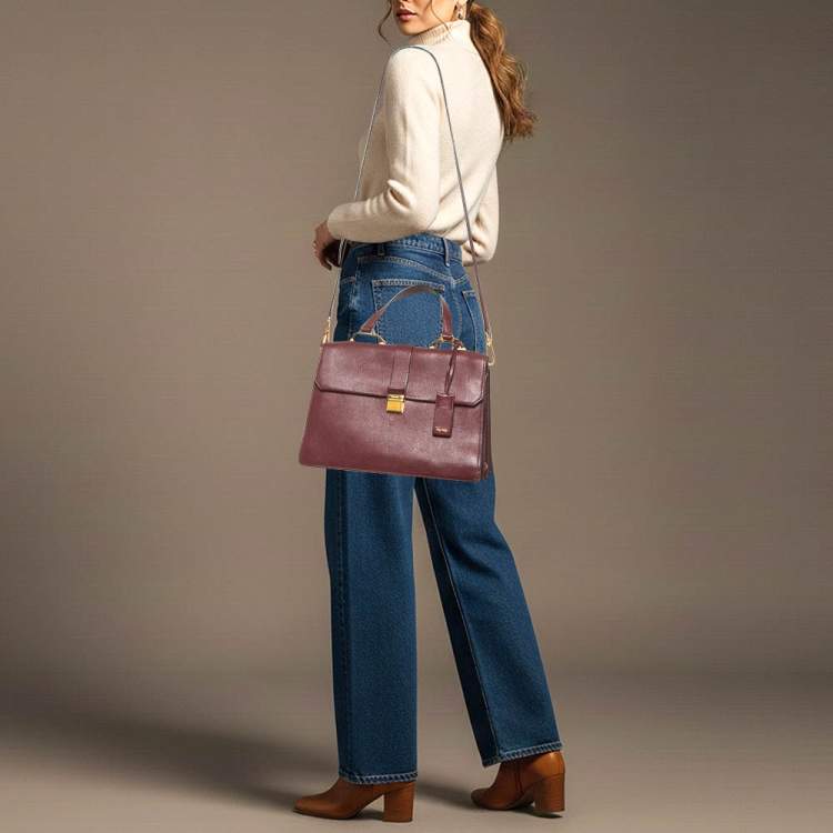 Pre Owned Miu Miu Pushlock Flap Burgundy Madras Leather Top Handle Bag