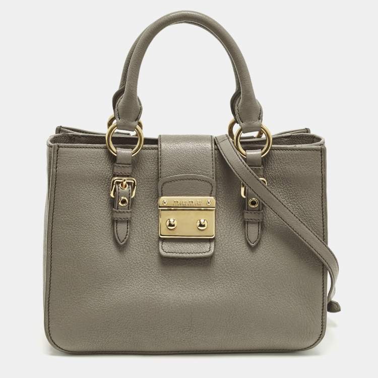 Pre Owned Miu Miu Pushlock Grey Madras Leather Tote