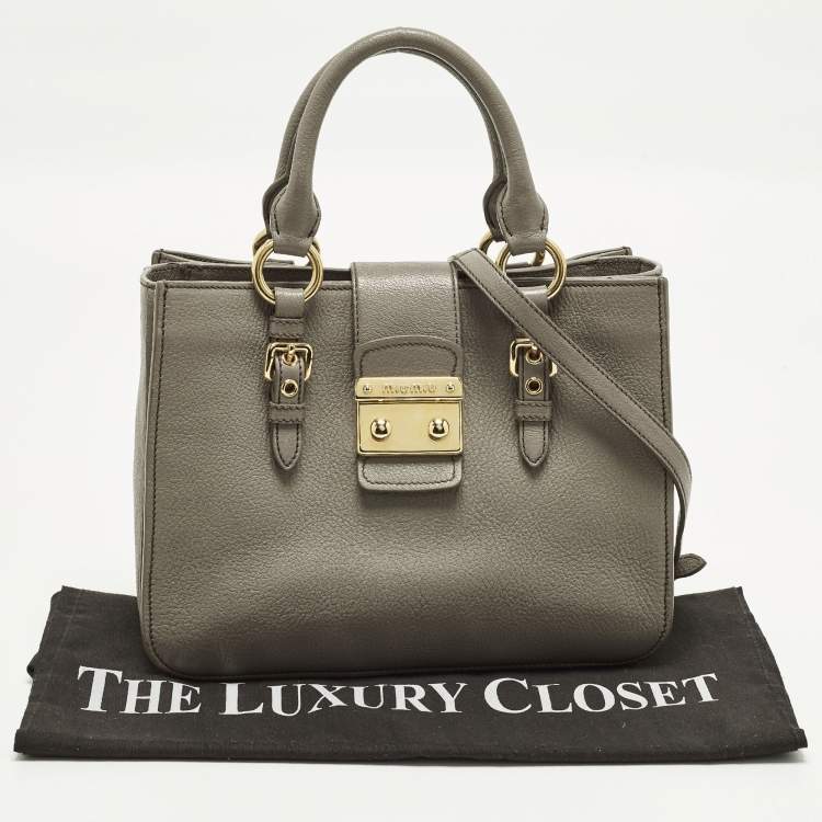 Pre Owned Miu Miu Pushlock Grey Madras Leather Tote