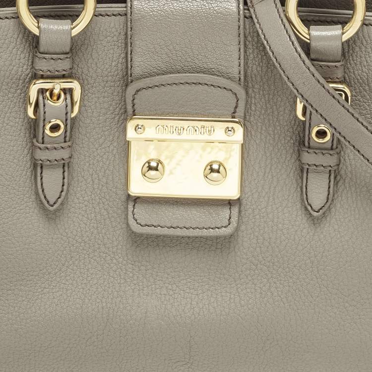 Pre Owned Miu Miu Pushlock Grey Madras Leather Tote